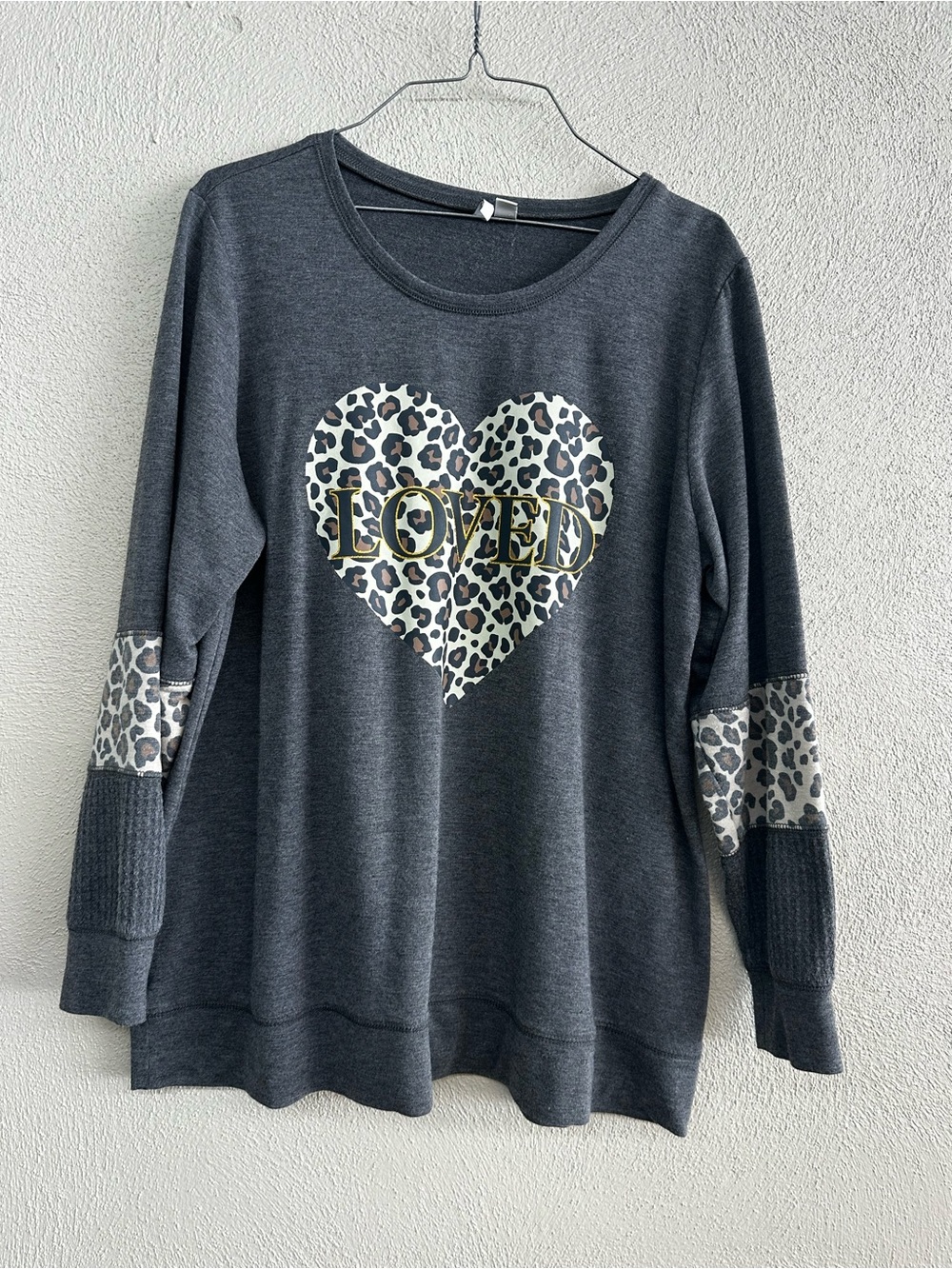 Cato Charcoal Pullover with Leopard Heart and Gold 'LOVED'